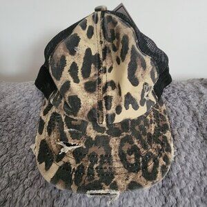 C.C Exclusives Washed Distressed Leopard Print Criss-Cross Ponytail Hat